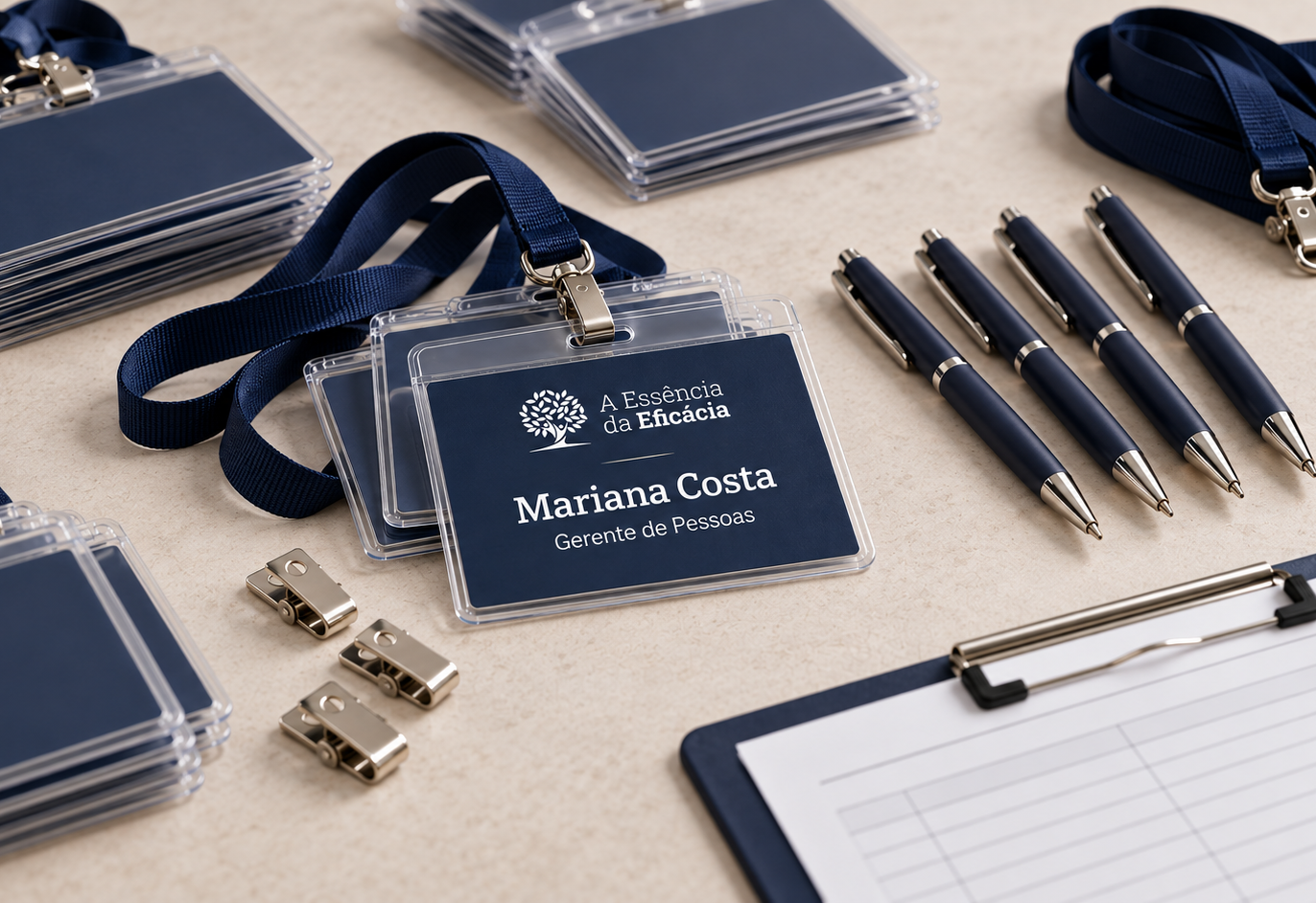 Mesa de credenciamento com crachás, canetas e lista de participantes do treinamento