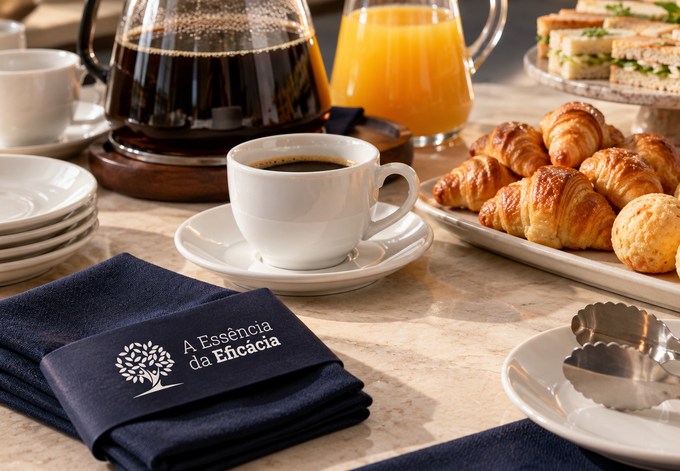 Mesa de coffee break com alimentos e participantes do treinamento