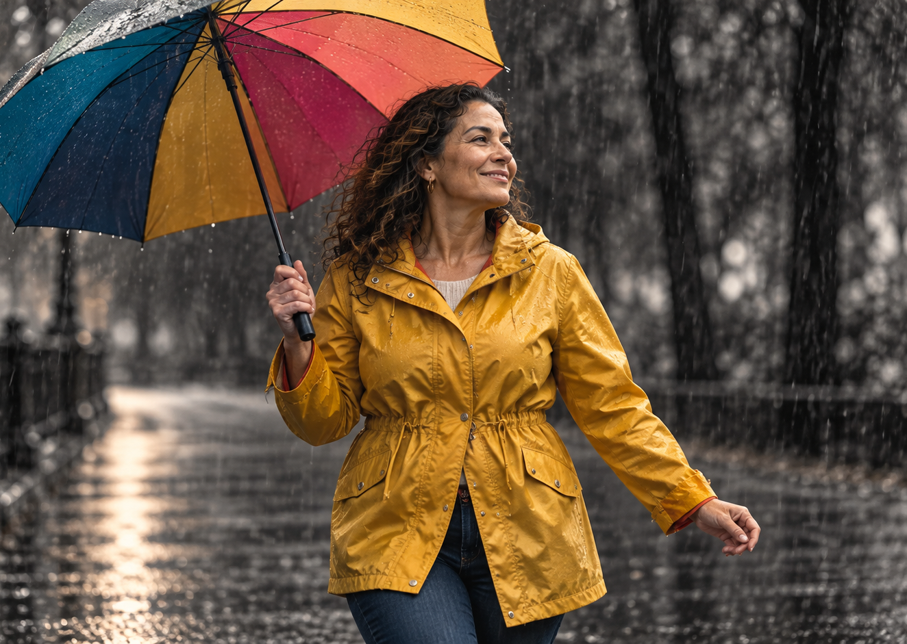 Mulher com guarda-chuva colorido caminhando sob a chuva, representando poder pessoal e protagonismo