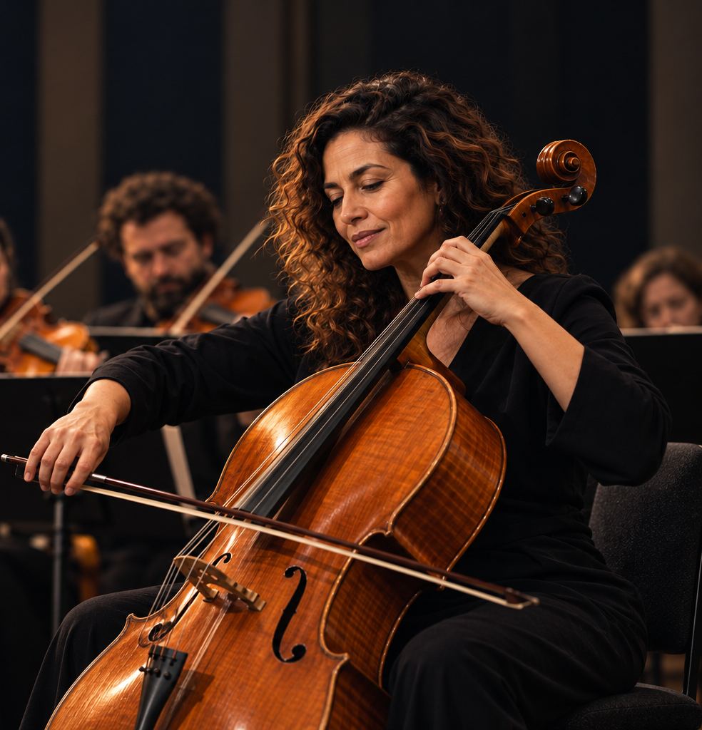 Mulher tocando violoncelo em orquestra, representando relacionamentos de sucesso e harmonia